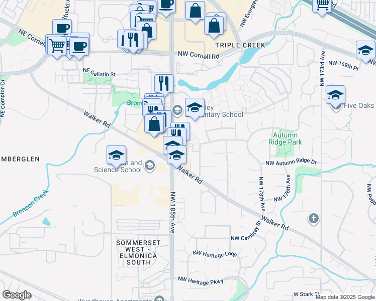 map of restaurants, bars, coffee shops, grocery stores, and more near 18425 Northwest Walker Road in Beaverton