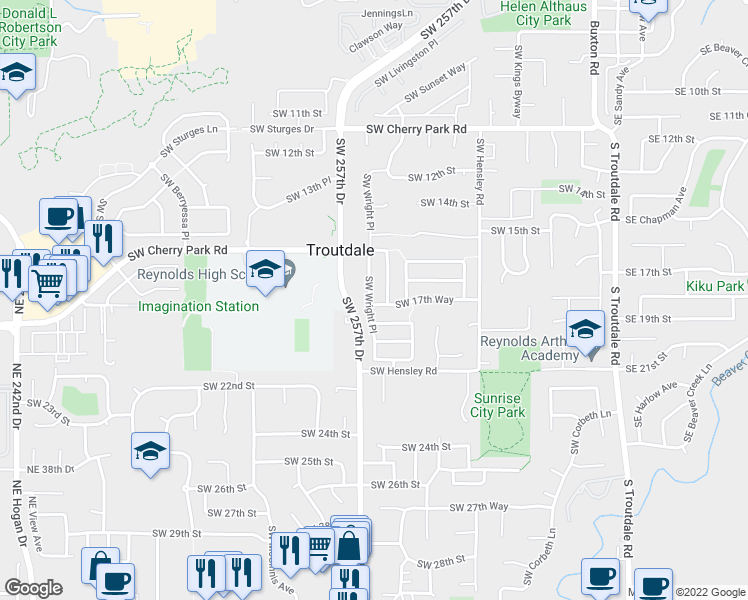 map of restaurants, bars, coffee shops, grocery stores, and more near 1698 Southwest Wright Place in Troutdale
