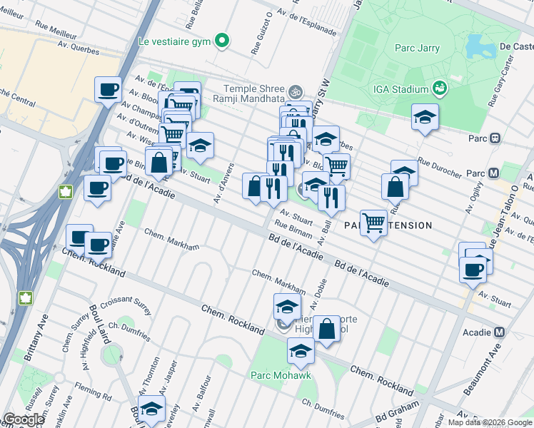 map of restaurants, bars, coffee shops, grocery stores, and more near 985 Jarry Street West in Montreal