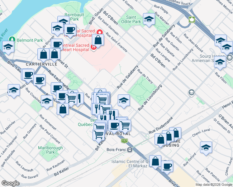 map of restaurants, bars, coffee shops, grocery stores, and more near in Montreal