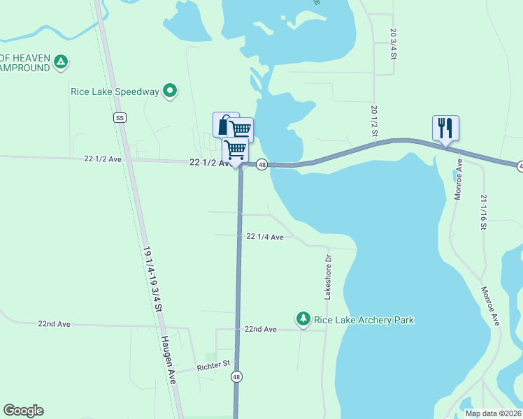 map of restaurants, bars, coffee shops, grocery stores, and more near 2027 22 3/8 Avenue in Rice Lake