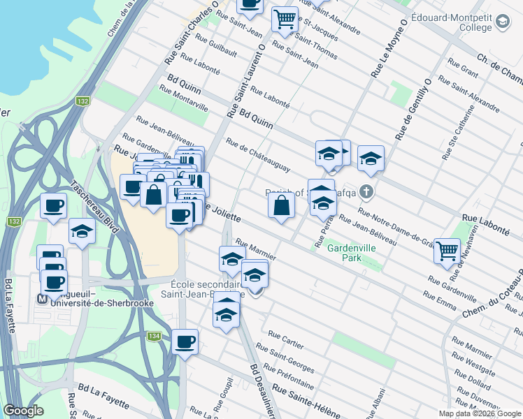 map of restaurants, bars, coffee shops, grocery stores, and more near 645 Rue d'Iberville in Longueuil