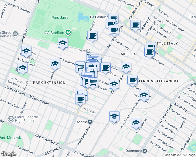 map of restaurants, bars, coffee shops, grocery stores, and more near 7091 Avenue Querbes in Montréal