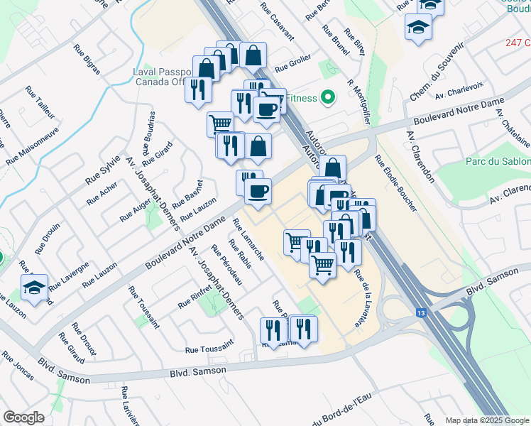 map of restaurants, bars, coffee shops, grocery stores, and more near 924 Rue Desserte Ouest in Laval