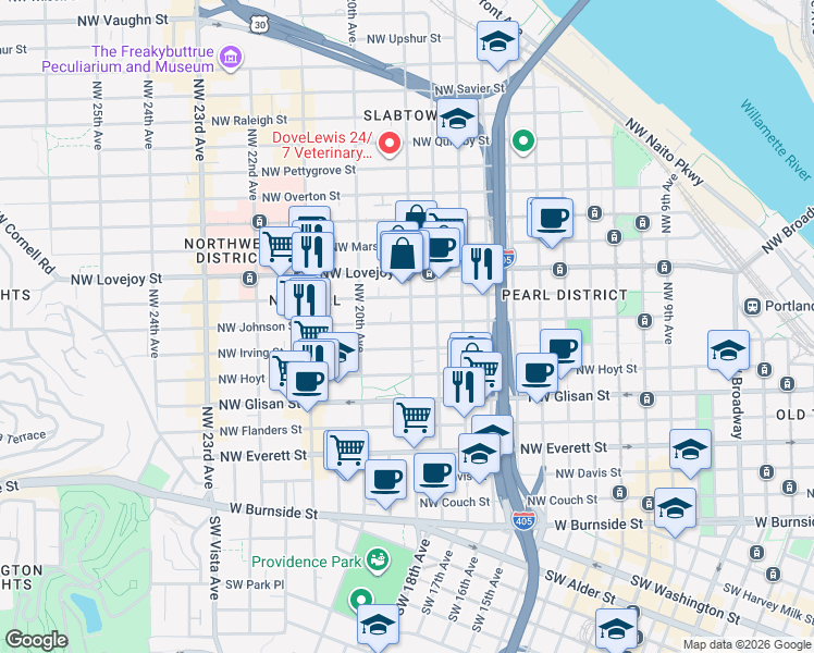 map of restaurants, bars, coffee shops, grocery stores, and more near 1929 Northwest Irving Street in Portland