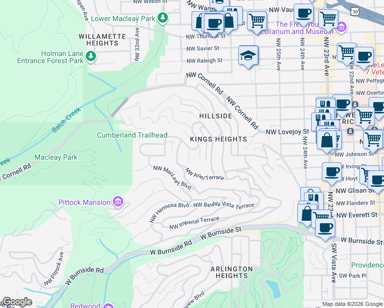 map of restaurants, bars, coffee shops, grocery stores, and more near 2878 Northwest Cumberland Road in Portland