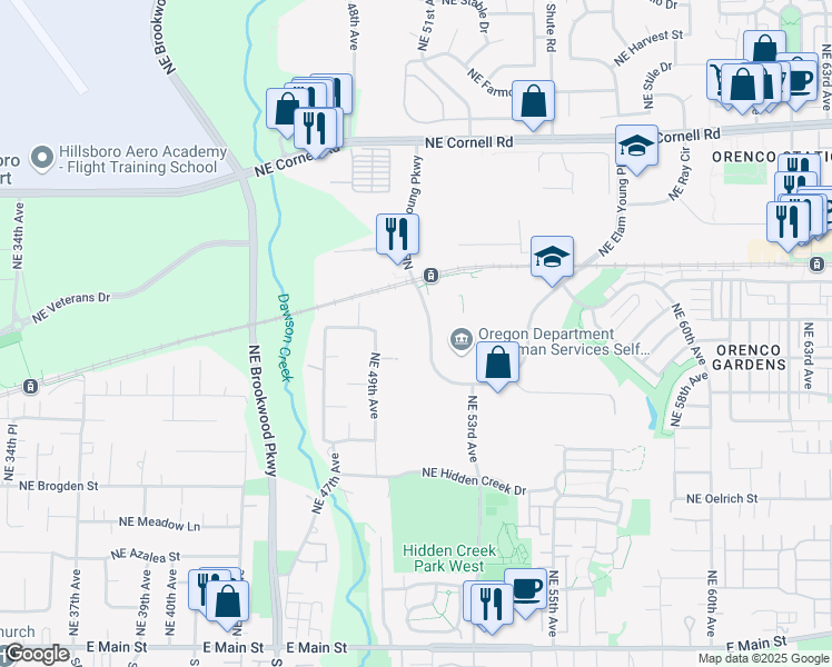 map of restaurants, bars, coffee shops, grocery stores, and more near 5250-5298 Northeast Elam Young Parkway in Hillsboro
