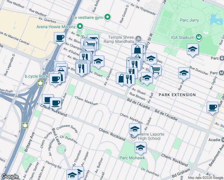 map of restaurants, bars, coffee shops, grocery stores, and more near 8235 Boulevard de l'Acadie in Montréal