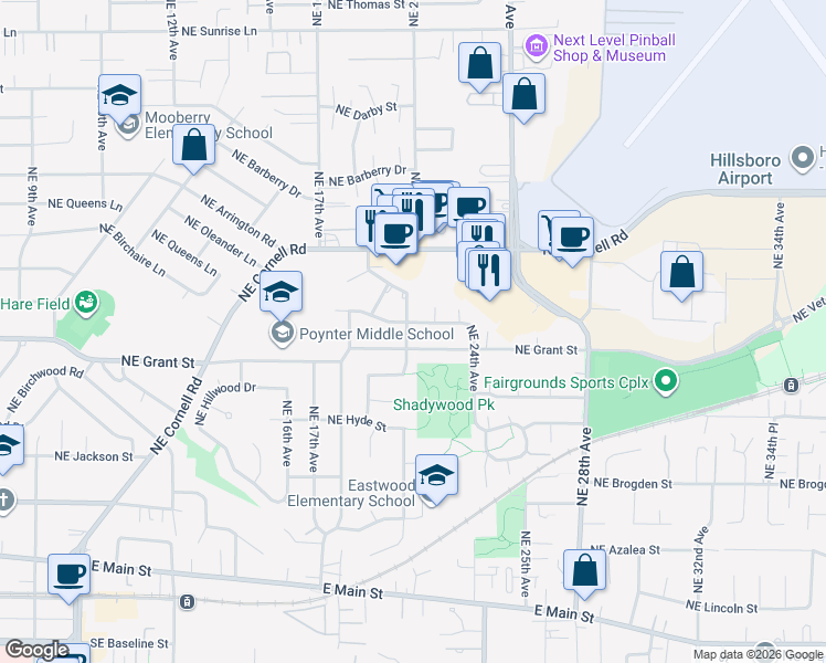 map of restaurants, bars, coffee shops, grocery stores, and more near 668 Northeast 21st Avenue in Hillsboro