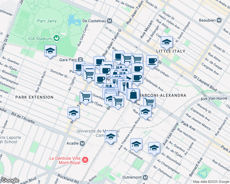 map of restaurants, bars, coffee shops, grocery stores, and more near 6914 Rue Hutchison in Montreal