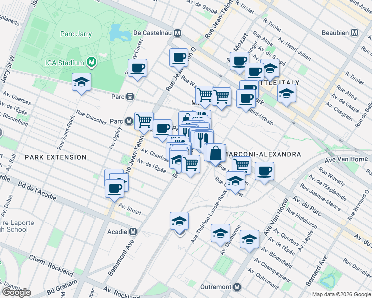 map of restaurants, bars, coffee shops, grocery stores, and more near 6914 Rue Hutchison in Montreal