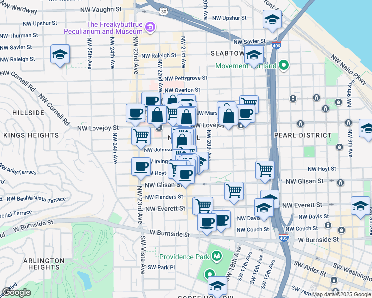 map of restaurants, bars, coffee shops, grocery stores, and more near NW 21st Ave & NW Johnson St in Portland