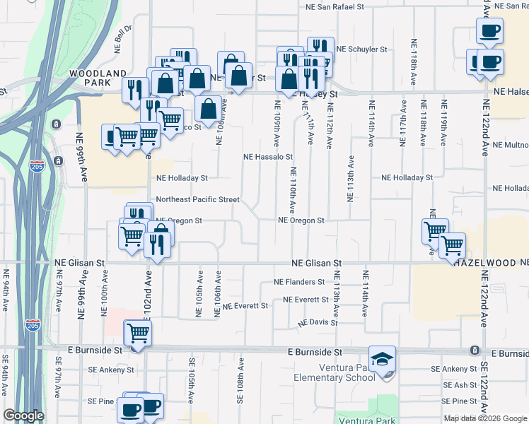 map of restaurants, bars, coffee shops, grocery stores, and more near 10831 Northeast Oregon Street in Portland