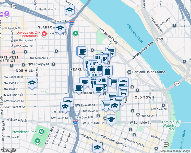 map of restaurants, bars, coffee shops, grocery stores, and more near in Portland
