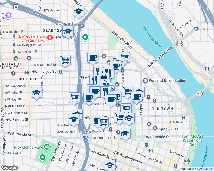 map of restaurants, bars, coffee shops, grocery stores, and more near 730 Northwest 12th Avenue in Portland