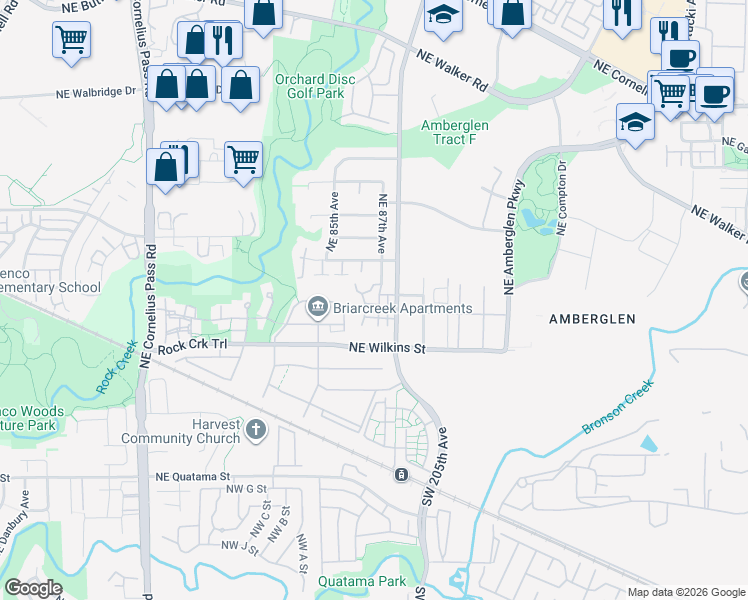 map of restaurants, bars, coffee shops, grocery stores, and more near 1107 Northeast 86th Way in Hillsboro
