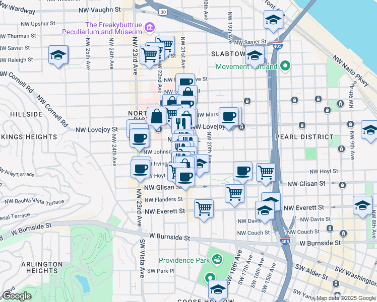 map of restaurants, bars, coffee shops, grocery stores, and more near 2089 Northwest Johnson Street in Portland