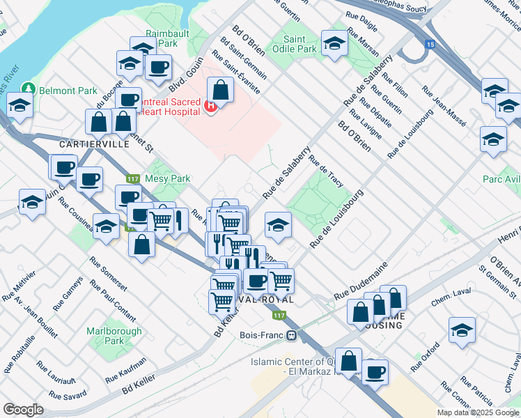 map of restaurants, bars, coffee shops, grocery stores, and more near 5640 Rue de Salaberry in Montréal