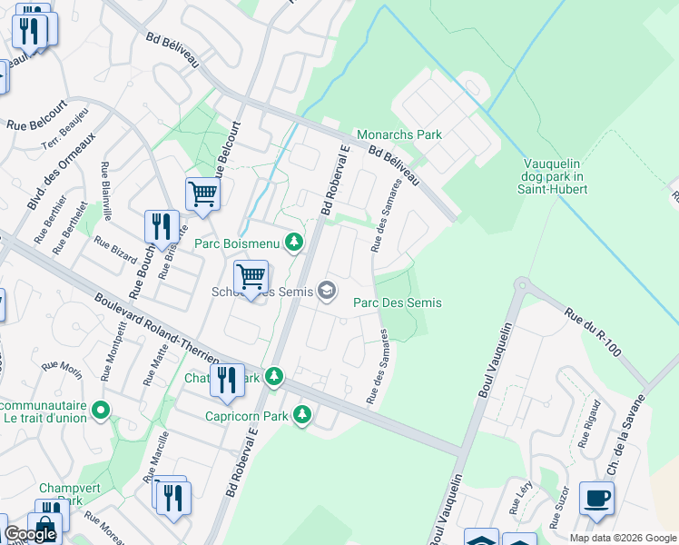 map of restaurants, bars, coffee shops, grocery stores, and more near 3324 Rue des Stellaires in Longueuil