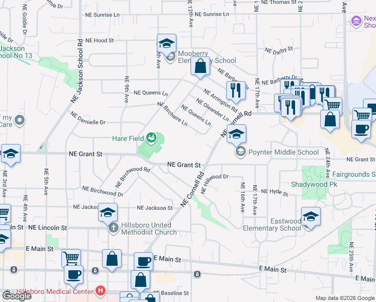 map of restaurants, bars, coffee shops, grocery stores, and more near 1269 Northeast Grant Street in Hillsboro