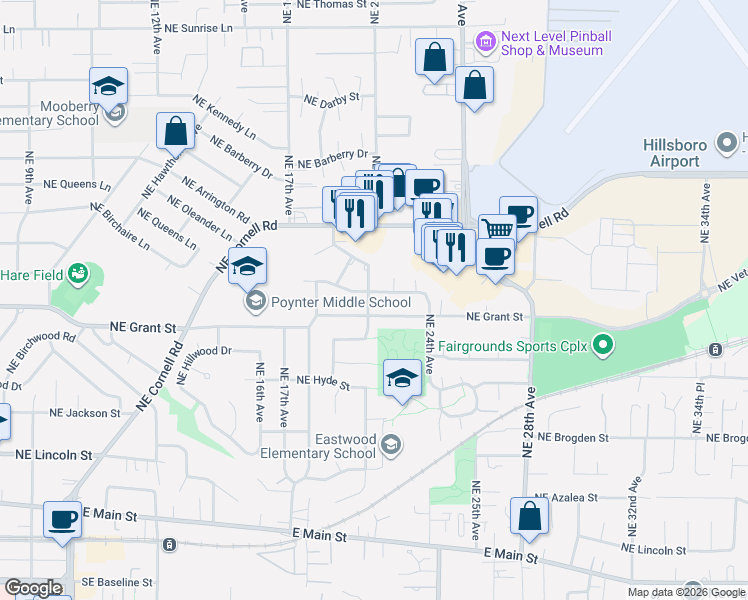 map of restaurants, bars, coffee shops, grocery stores, and more near 668 Northeast 21st Avenue in Hillsboro