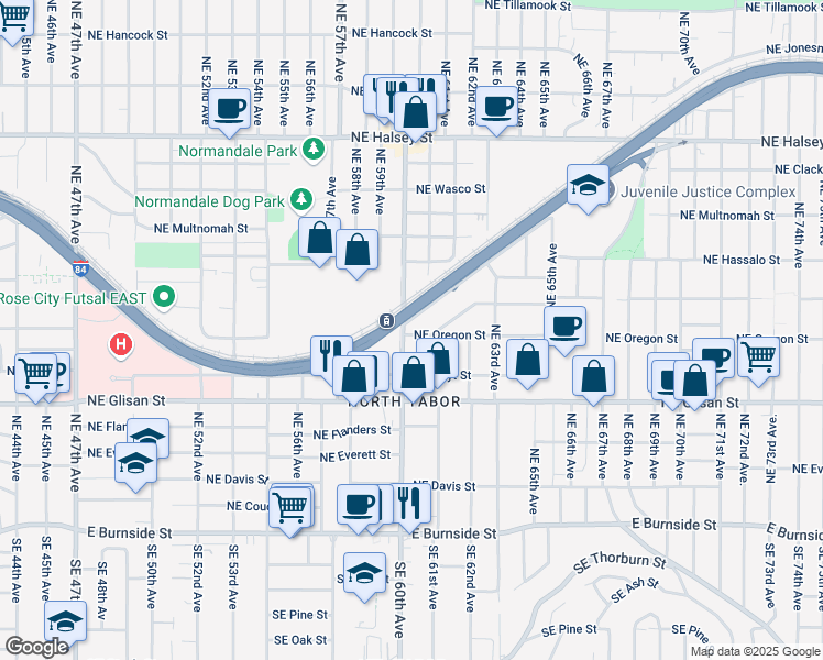 map of restaurants, bars, coffee shops, grocery stores, and more near 5800 Northeast Center Commons Way in Portland