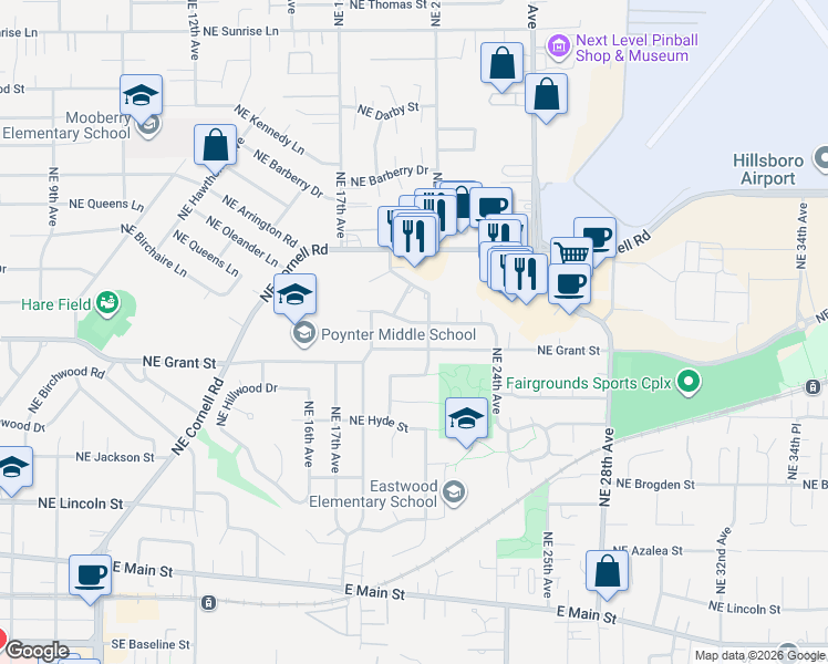 map of restaurants, bars, coffee shops, grocery stores, and more near 2024 Northeast Poynter Street in Hillsboro