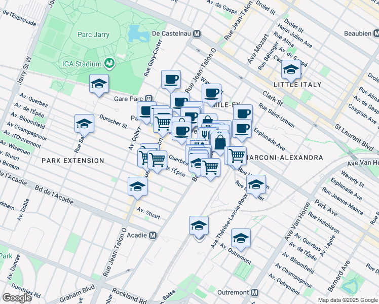 map of restaurants, bars, coffee shops, grocery stores, and more near 6985 Rue Durocher in Montréal