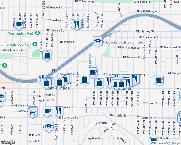 map of restaurants, bars, coffee shops, grocery stores, and more near 804 Northeast 65th Avenue in Portland