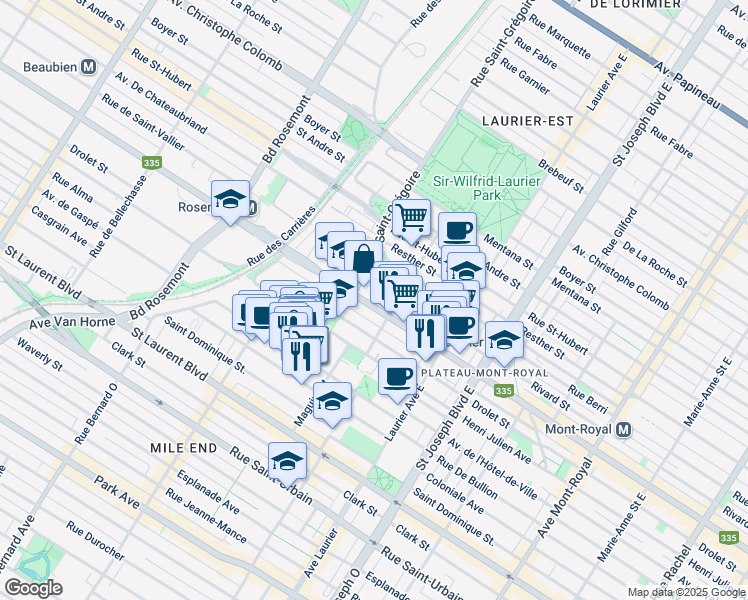 map of restaurants, bars, coffee shops, grocery stores, and more near 5321 Rue Saint-Denis in Montréal