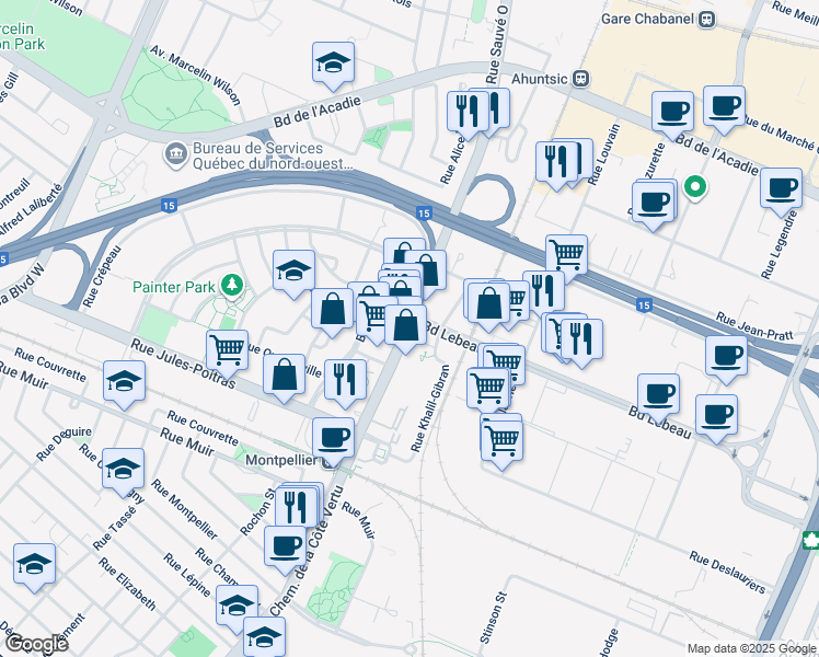 map of restaurants, bars, coffee shops, grocery stores, and more near 300 Boulevard de la Côte Vertu in Montreal