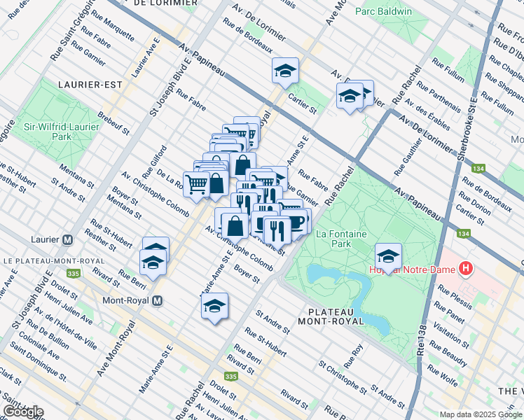 map of restaurants, bars, coffee shops, grocery stores, and more near in Montréal