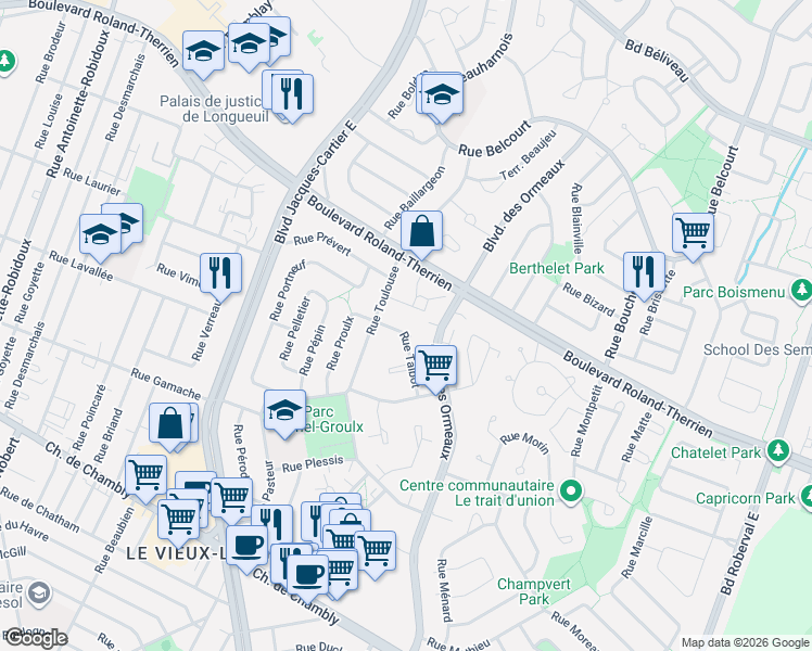 map of restaurants, bars, coffee shops, grocery stores, and more near 441 Rue Talbot in Longueuil