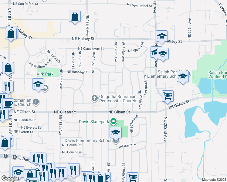 map of restaurants, bars, coffee shops, grocery stores, and more near 19425 Northeast Irving Court in Portland