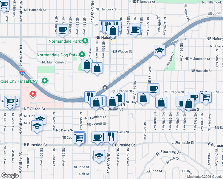map of restaurants, bars, coffee shops, grocery stores, and more near 6011 Northeast Oregon Street in Portland