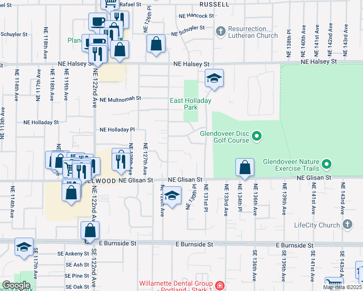 map of restaurants, bars, coffee shops, grocery stores, and more near 12923 Northeast Oregon Street in Portland