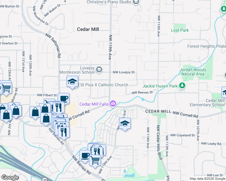 map of restaurants, bars, coffee shops, grocery stores, and more near 11840 Northwest Vaughn Court in Portland