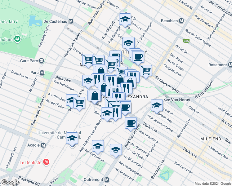 map of restaurants, bars, coffee shops, grocery stores, and more near 6585 Rue Jeanne-Mance in Montréal