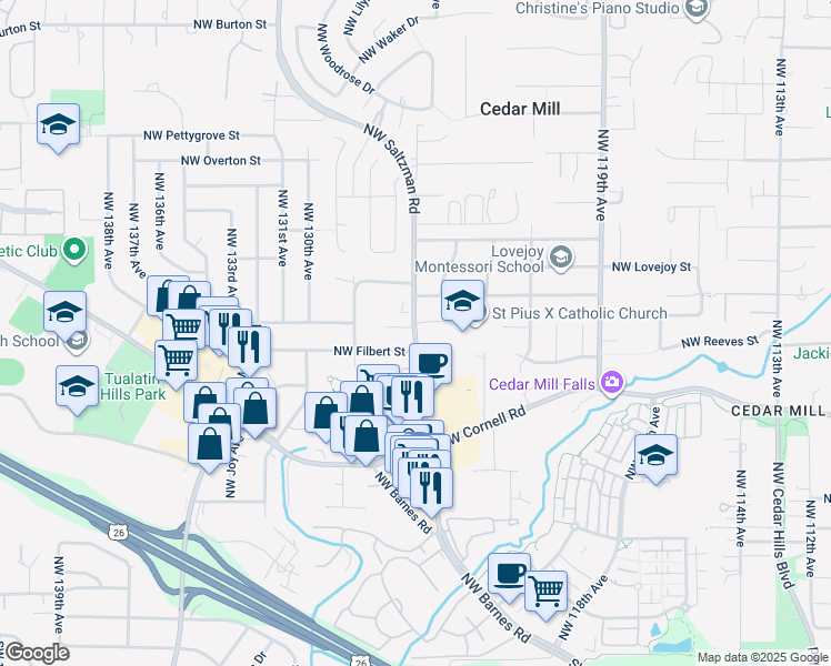 map of restaurants, bars, coffee shops, grocery stores, and more near 1260 Northwest Saltzman Road in Portland