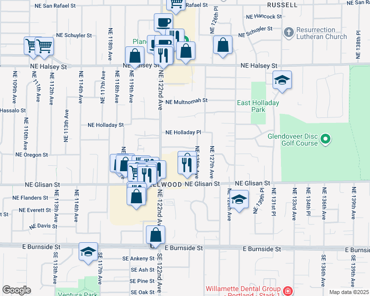 map of restaurants, bars, coffee shops, grocery stores, and more near 717 Northeast 125th Avenue in Portland