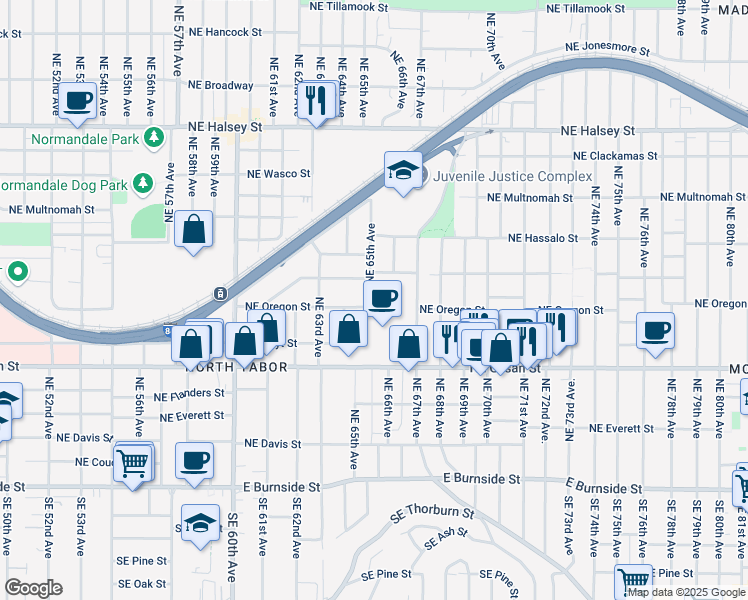 map of restaurants, bars, coffee shops, grocery stores, and more near 804 Northeast 65th Avenue in Portland