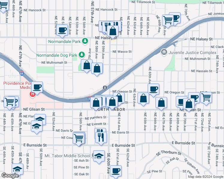 map of restaurants, bars, coffee shops, grocery stores, and more near 5800 Northeast Center Commons Way in Portland