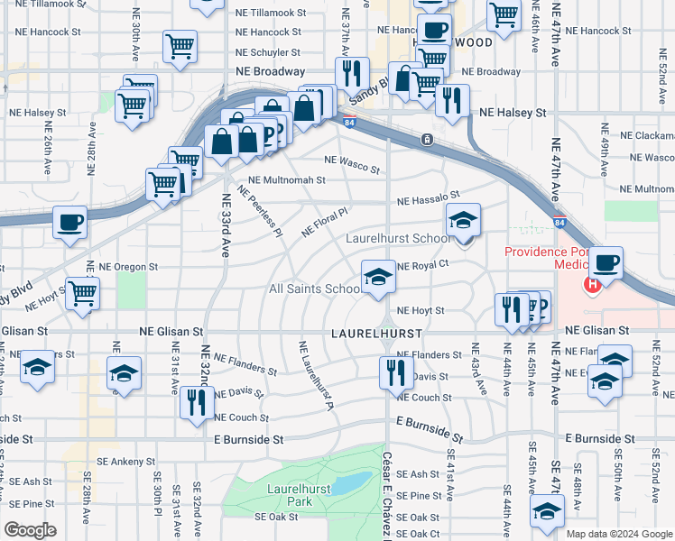 map of restaurants, bars, coffee shops, grocery stores, and more near 654 Northeast Royal Court in Portland