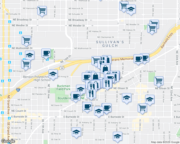 map of restaurants, bars, coffee shops, grocery stores, and more near 706 Northeast 19th Avenue in Portland