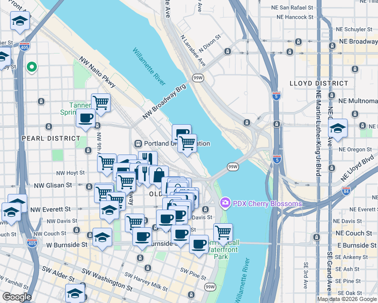 map of restaurants, bars, coffee shops, grocery stores, and more near in Portland