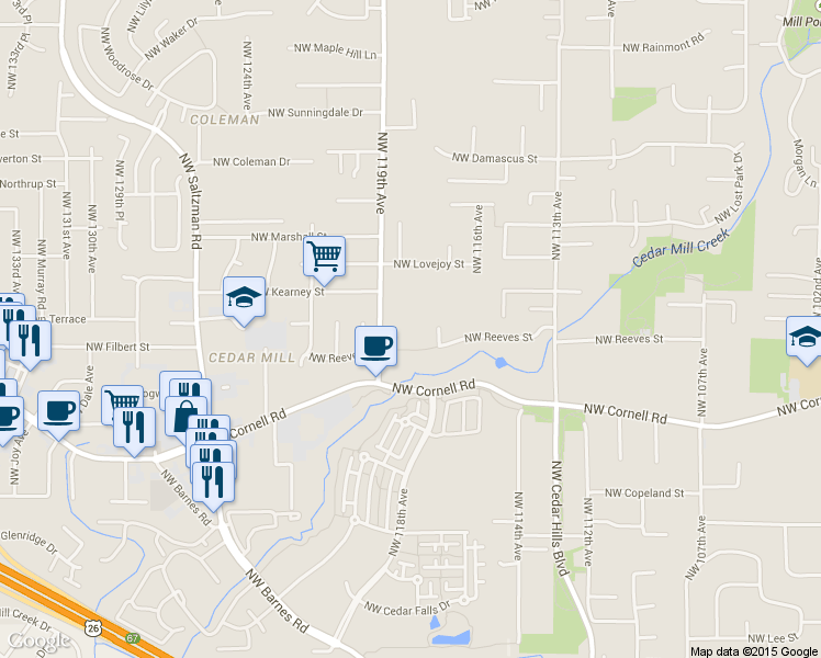 map of restaurants, bars, coffee shops, grocery stores, and more near 11840 Northwest Vaughn Court in Portland