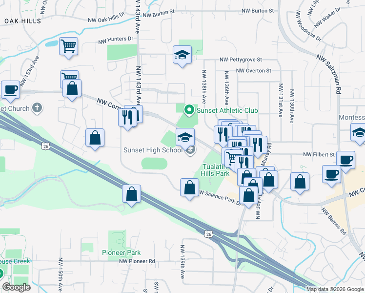 map of restaurants, bars, coffee shops, grocery stores, and more near 13840 Northwest Cornell Road in Portland