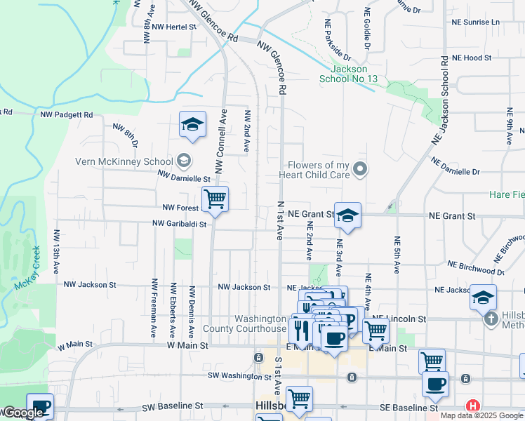 map of restaurants, bars, coffee shops, grocery stores, and more near 519 Northwest Adams Avenue in Hillsboro