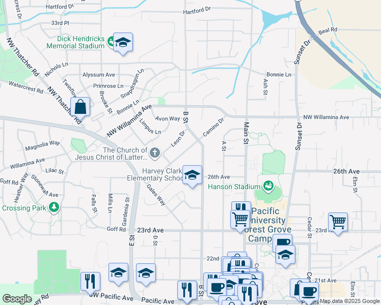 map of restaurants, bars, coffee shops, grocery stores, and more near 1728 Camino Drive in Forest Grove