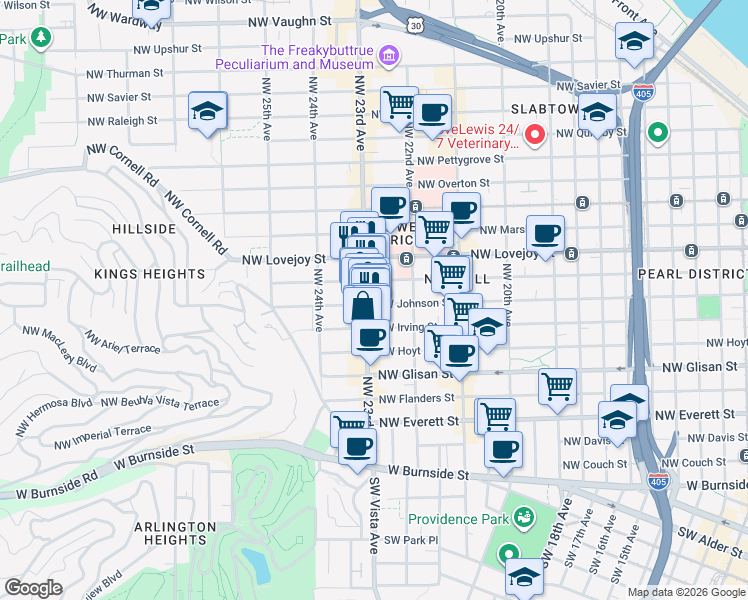 map of restaurants, bars, coffee shops, grocery stores, and more near 817 Northwest 23rd Avenue in Portland